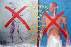 40I When Roman Layman Met Some Redman, Shaman, Pagan, Heathens painting by Gerald McMaster 1992 At The Banff Centre Walter Phillips Gallery